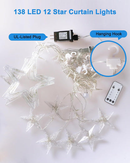 Blingstar Star Curtain Lights 138 LED 12 Star Multicolor Christmas Lights 8.2 Ft Connectable Plug in Curtain Lights for Patio and Front Porch