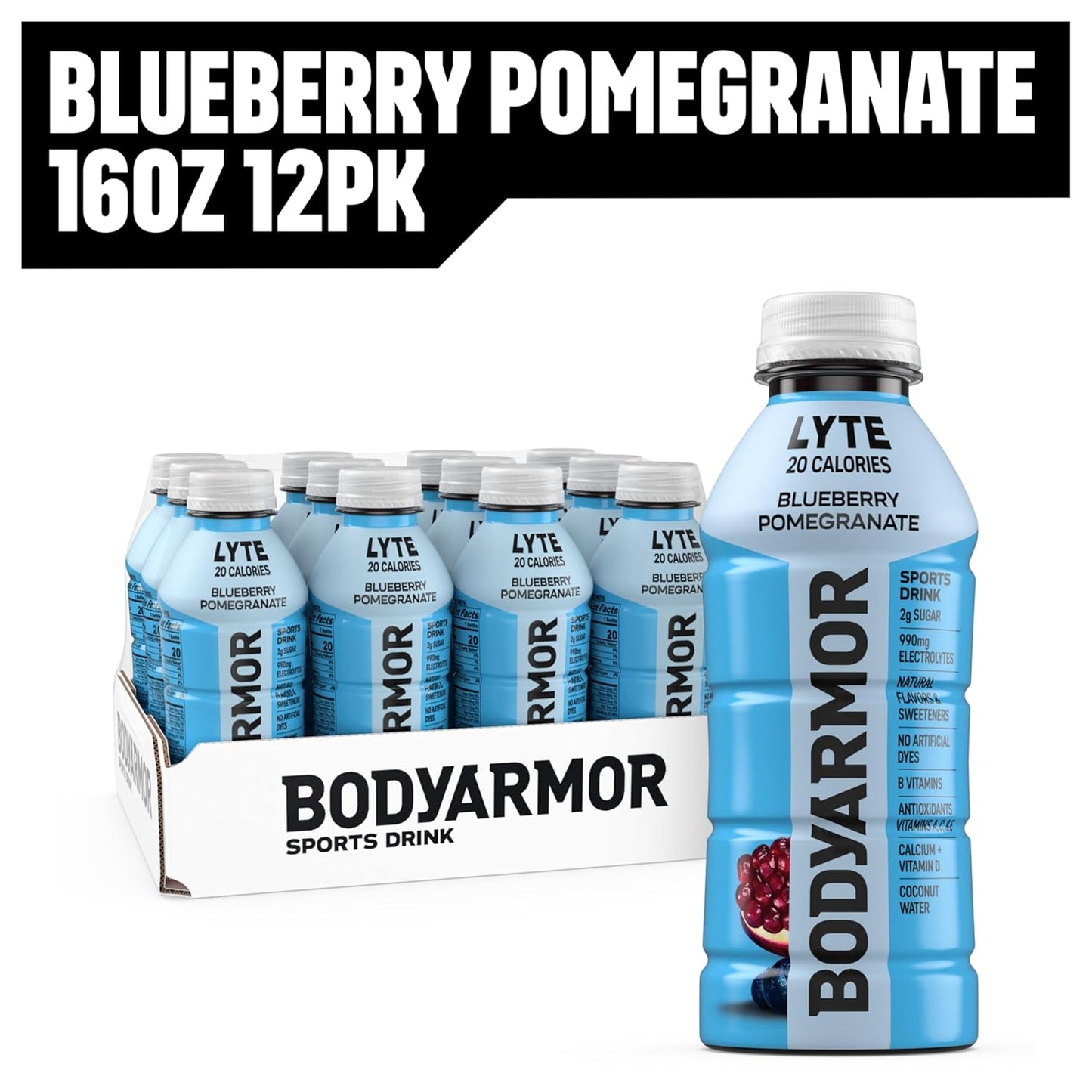BODYARMOR LYTE Sports Drink – Daily Low-Calorie Hydration for Mindful Wellness Routines, Blueberry Pomegranate Coconut Water Beverage, 16 Fl Oz (Pack of 12)