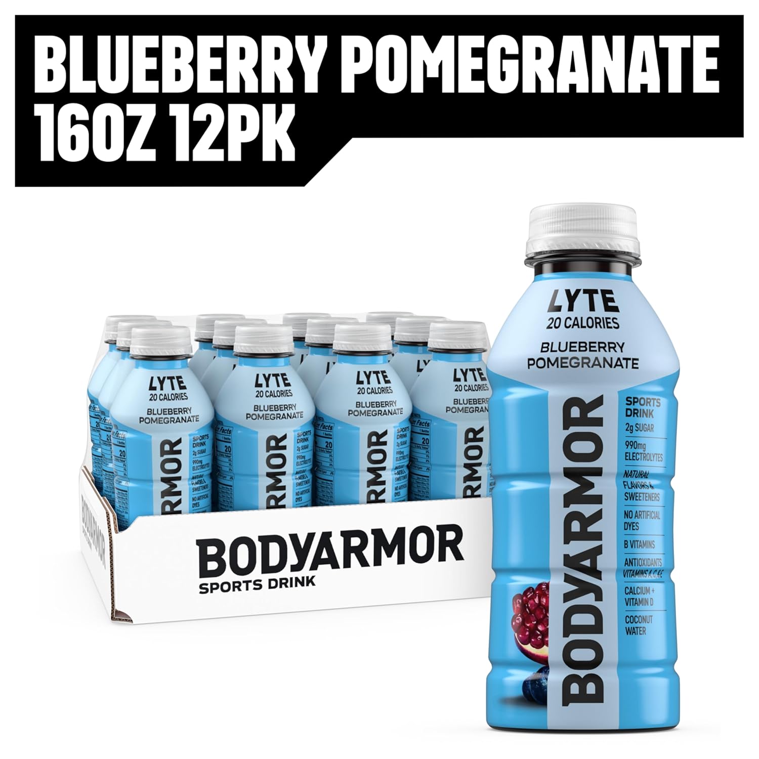 BODYARMOR LYTE Sports Drink – Daily Low-Calorie Hydration for Mindful Wellness Routines, Blueberry Pomegranate Coconut Water Beverage, 16 Fl Oz (Pack of 12)