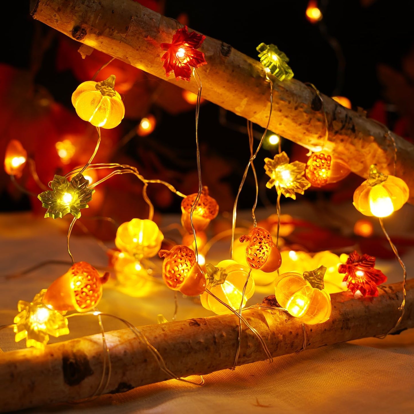 BOHON Minimalist Fall Garland – Single Strand Acorn & Maple String Lights, Understated Warm White Autumn Table Decor