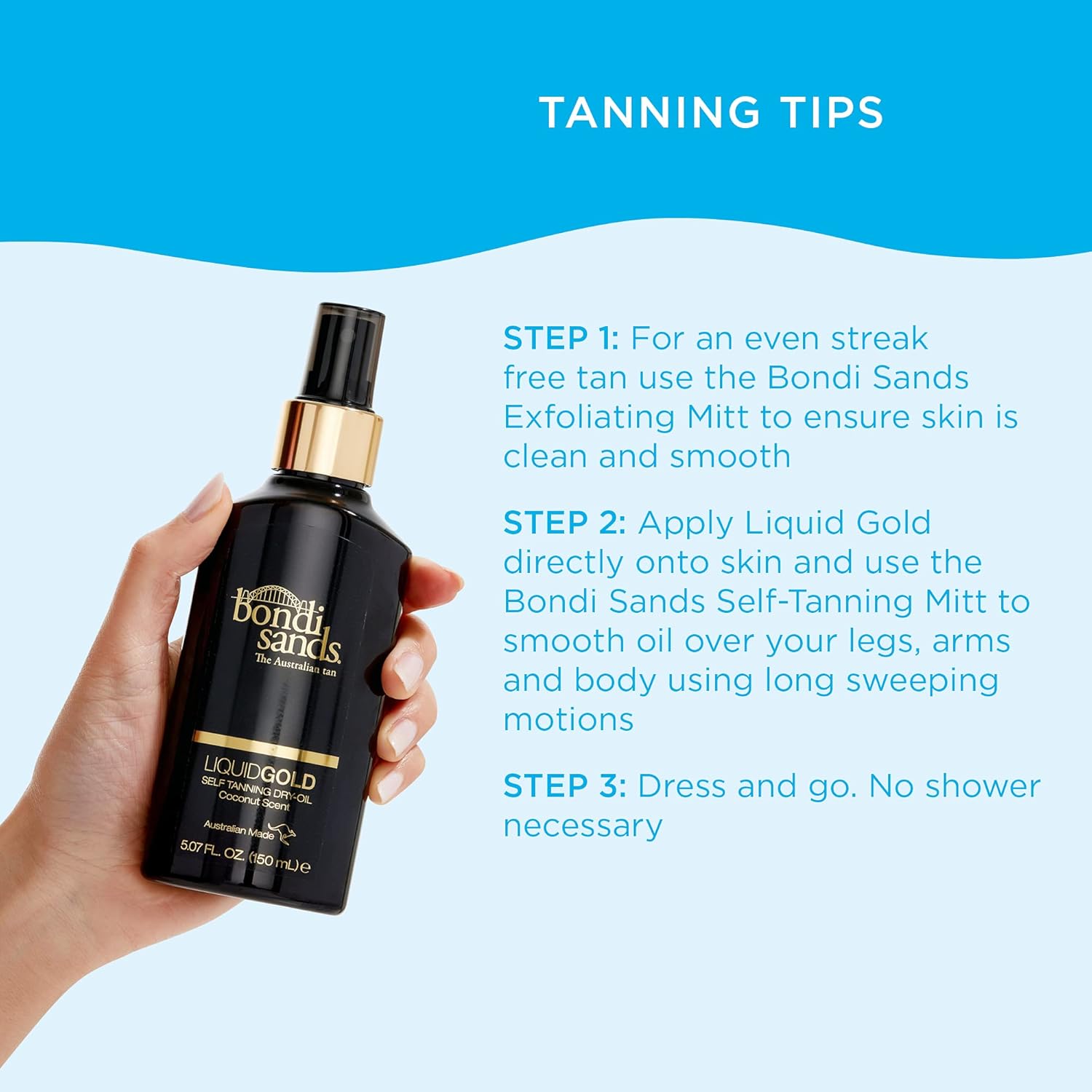 Bondi Sands Liquid Gold Self Tanning Dry Oil – Pre-Beach Trip Glow Prep, Touch-Dry Formula for Travelers