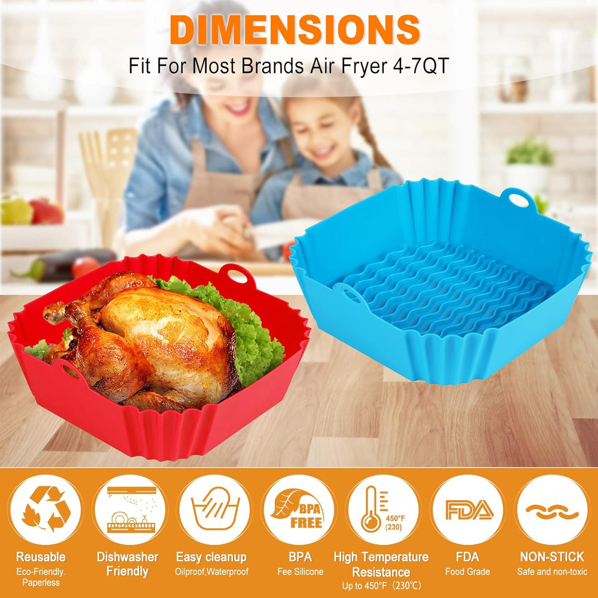 Boribim 2-Pack Silicone Air Fryer Liners – BPA-Free Food-Grade Liner for Worry-Free Family Meals