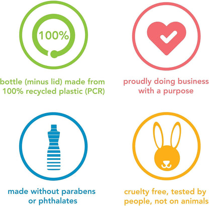 bottle (minus lid) made from 100% post-consumer recycled plastic
