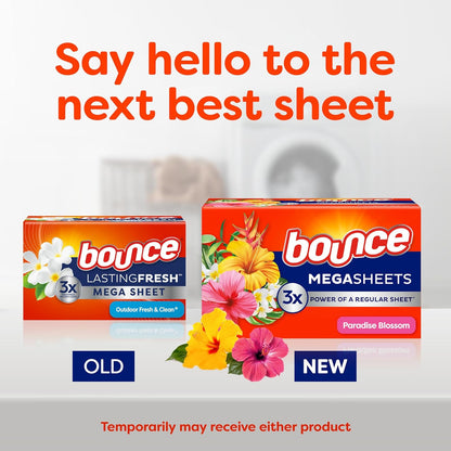 Bounce Mega Dryer Sheets Paradise Blossom 180 Count Single Pack Softener for Clutter Free Laundry Room Storage