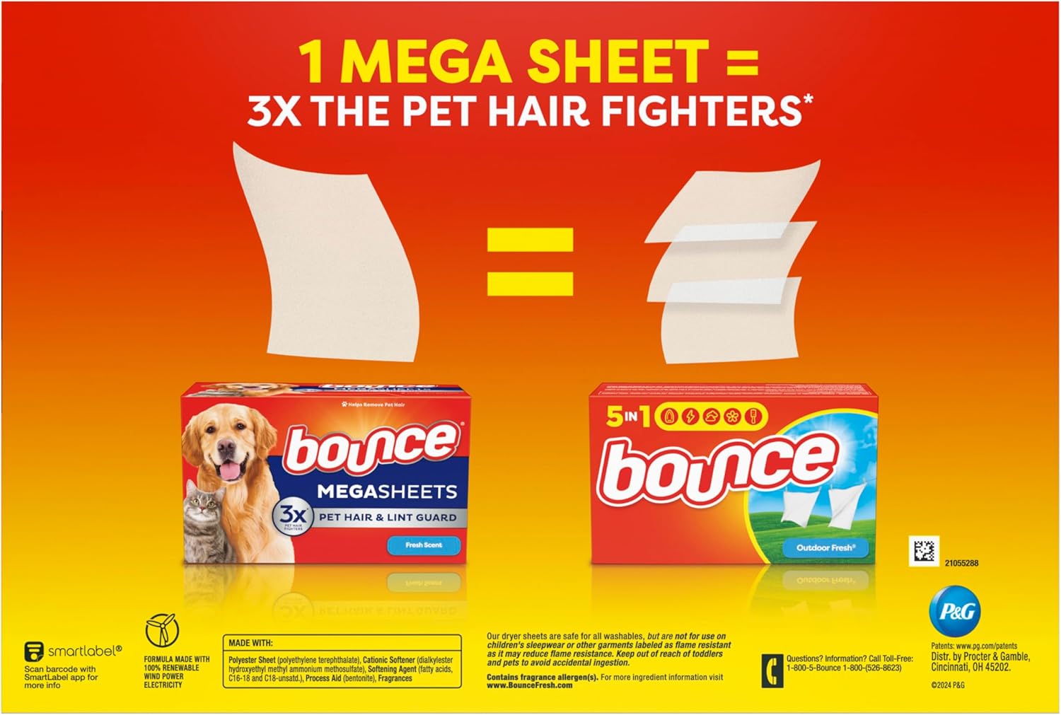 Bounce Pet Hair and Lint Guard Dryer Sheets for Sensitive Skin Laundry, Perfume-Free Softening Care