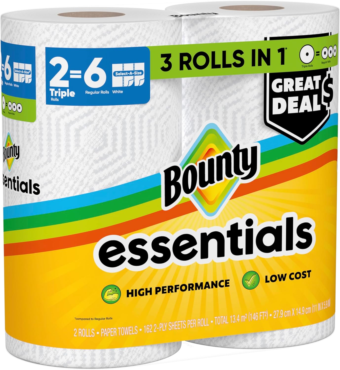 Bounty Essentials Select-A-Size Paper Towels – Clean White Sheets for Uncluttered Kitchens, 6 Pack
