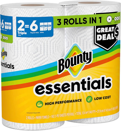Bounty Essentials Select-A-Size Paper Towels – Quick Cleanups for Busy Home Offices, 2 Triple Rolls