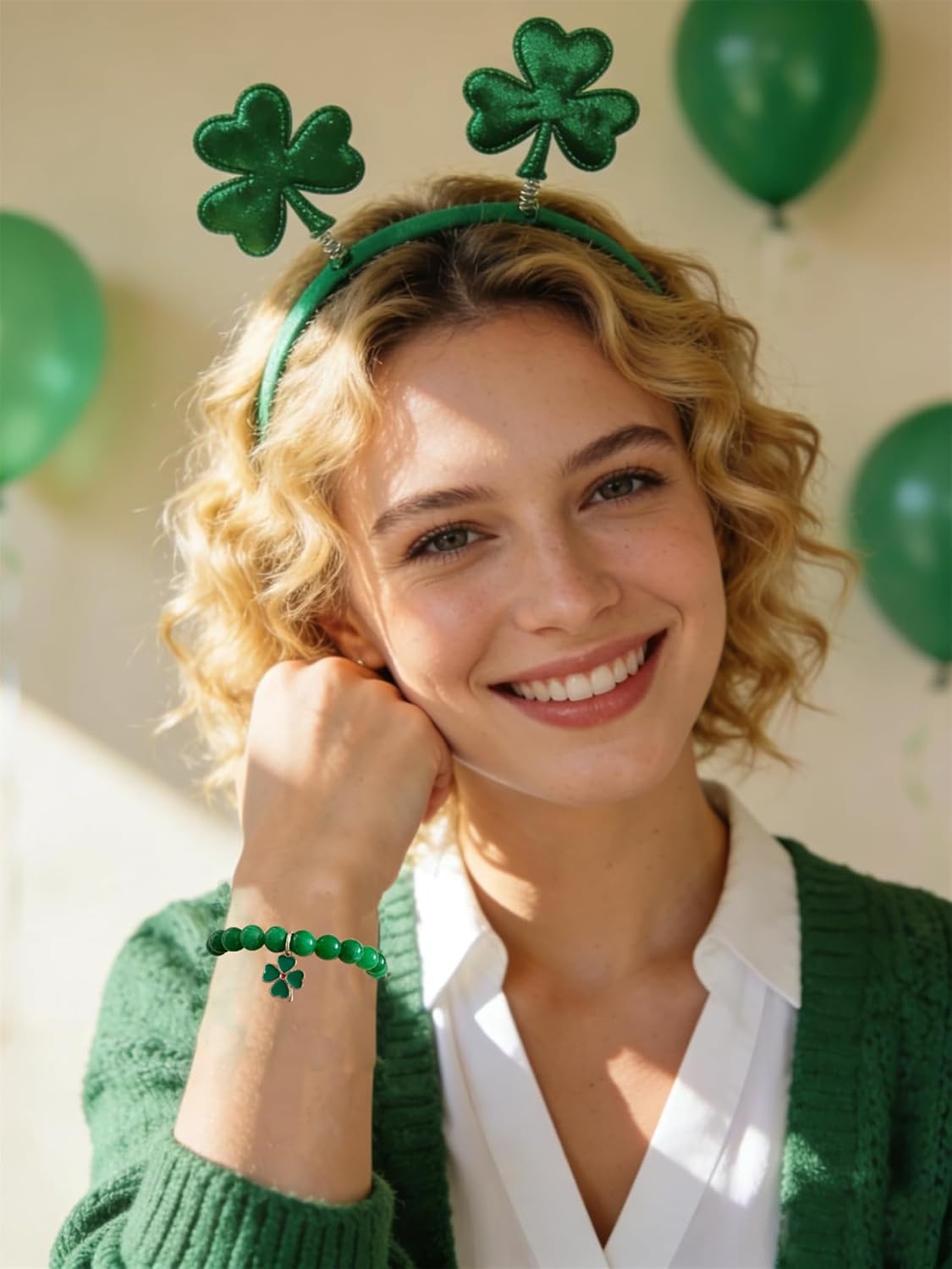 Bovemee Green Nature Stone Bracelet – Lucky Charm Birthday Gift for Women, Clover and Peacock Beaded Set
