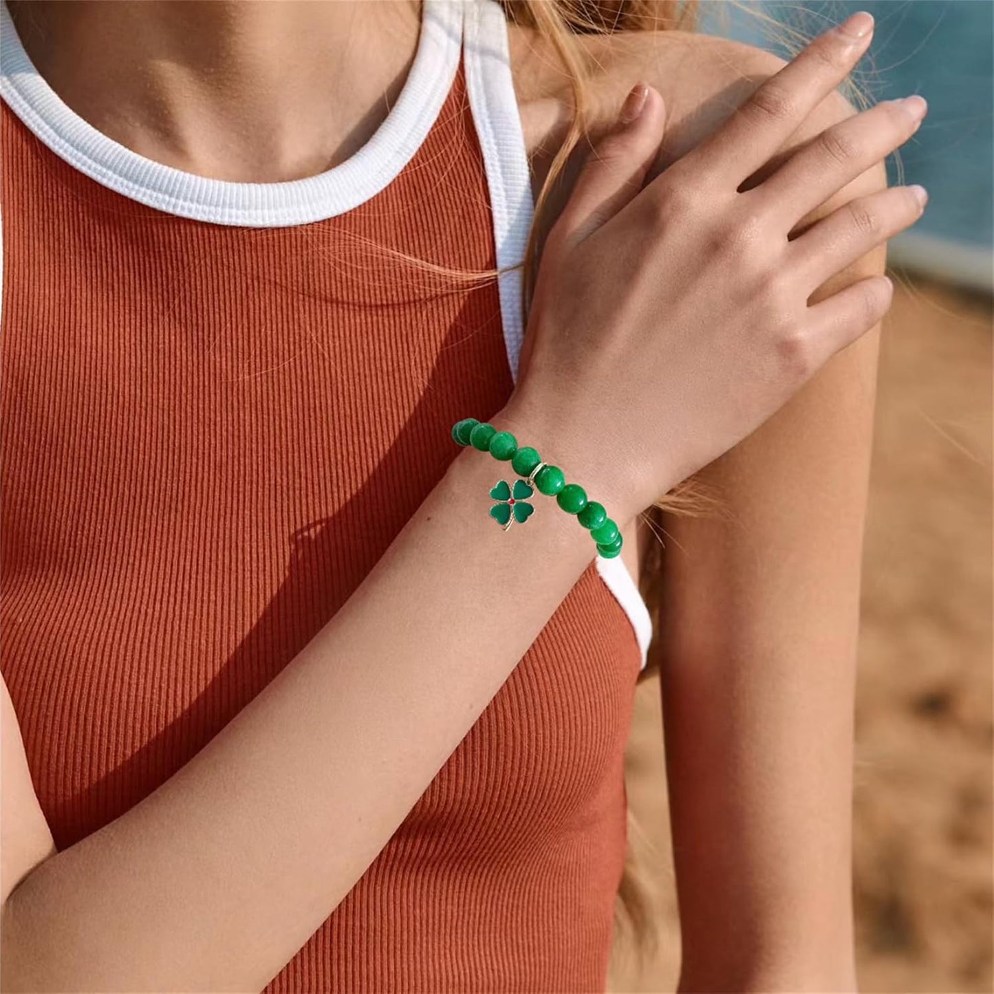 Bovemee Green Nature Stone Bracelet – Lucky Charm Birthday Gift for Women, Clover and Peacock Beaded Set
