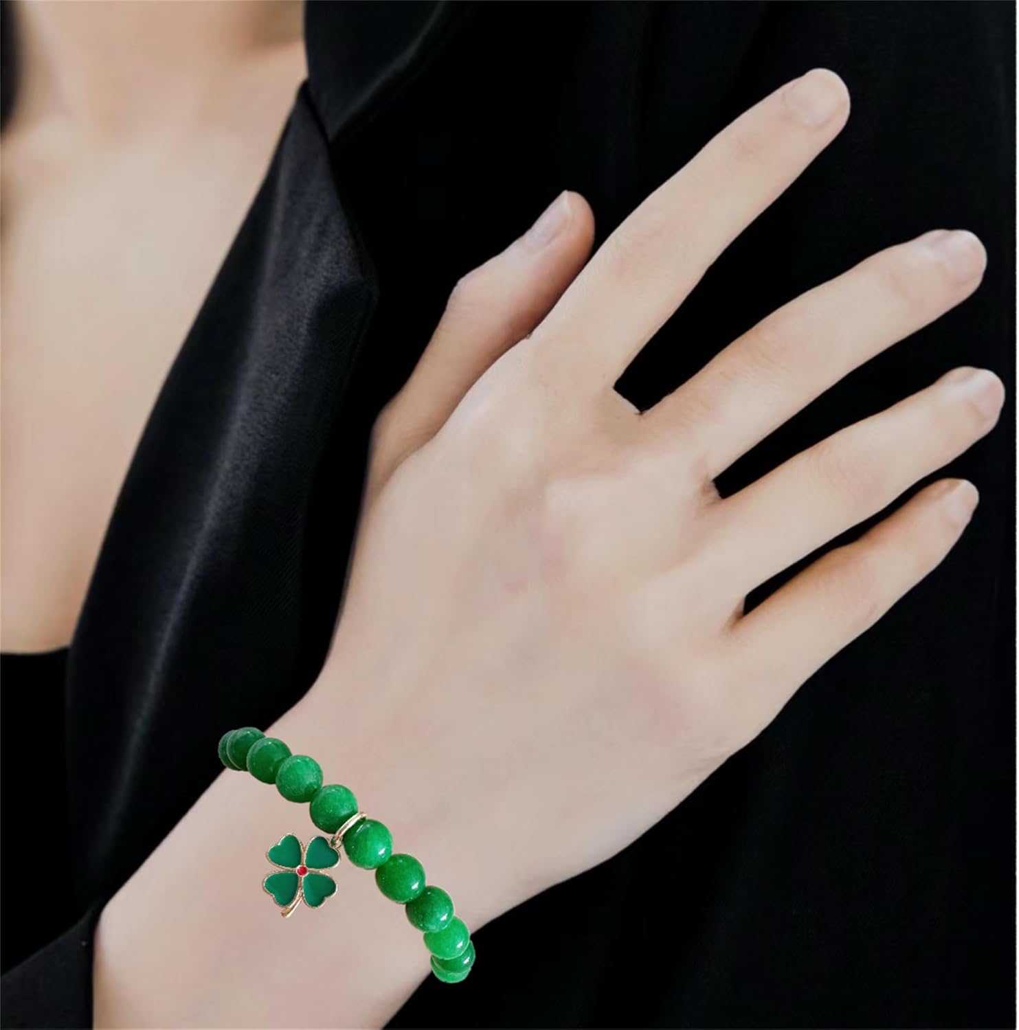 Bovemee Green Nature Stone Bracelet – Lucky Charm Birthday Gift for Women, Clover and Peacock Beaded Set