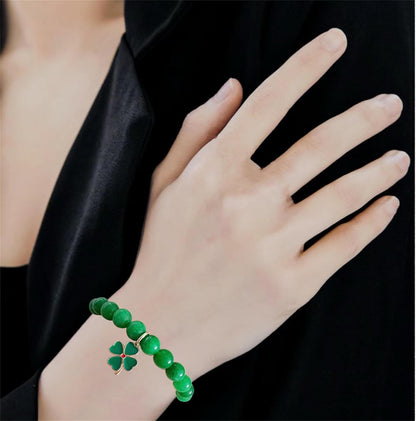Bovemee Green Nature Stone Bracelet – Lucky Charm Birthday Gift for Women, Clover and Peacock Beaded Set