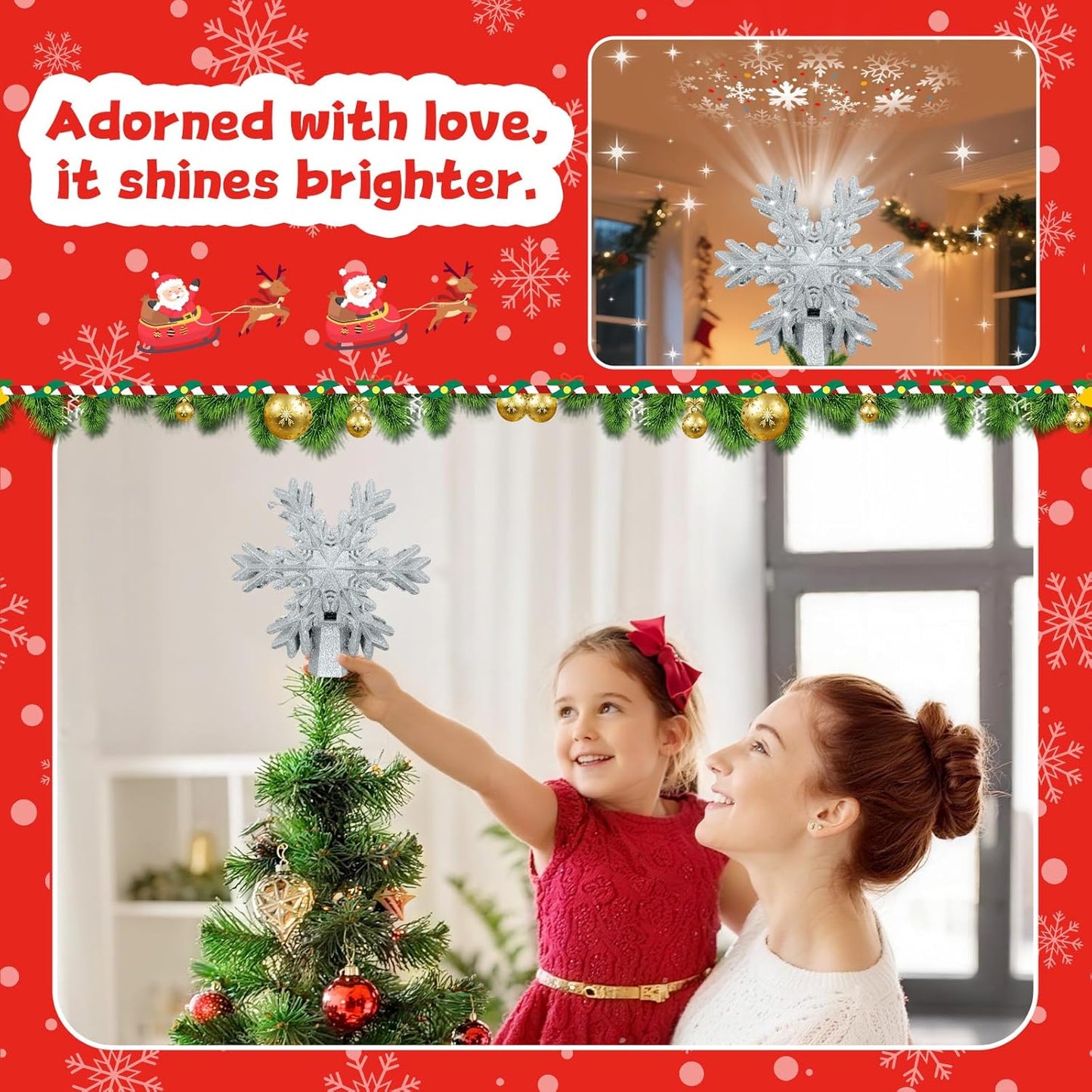 [Brand Name] LED Snowflake Tree Topper – Child-Safe Christmas Tree Topper for Family Living Room, Cool-Touch Glitter Design