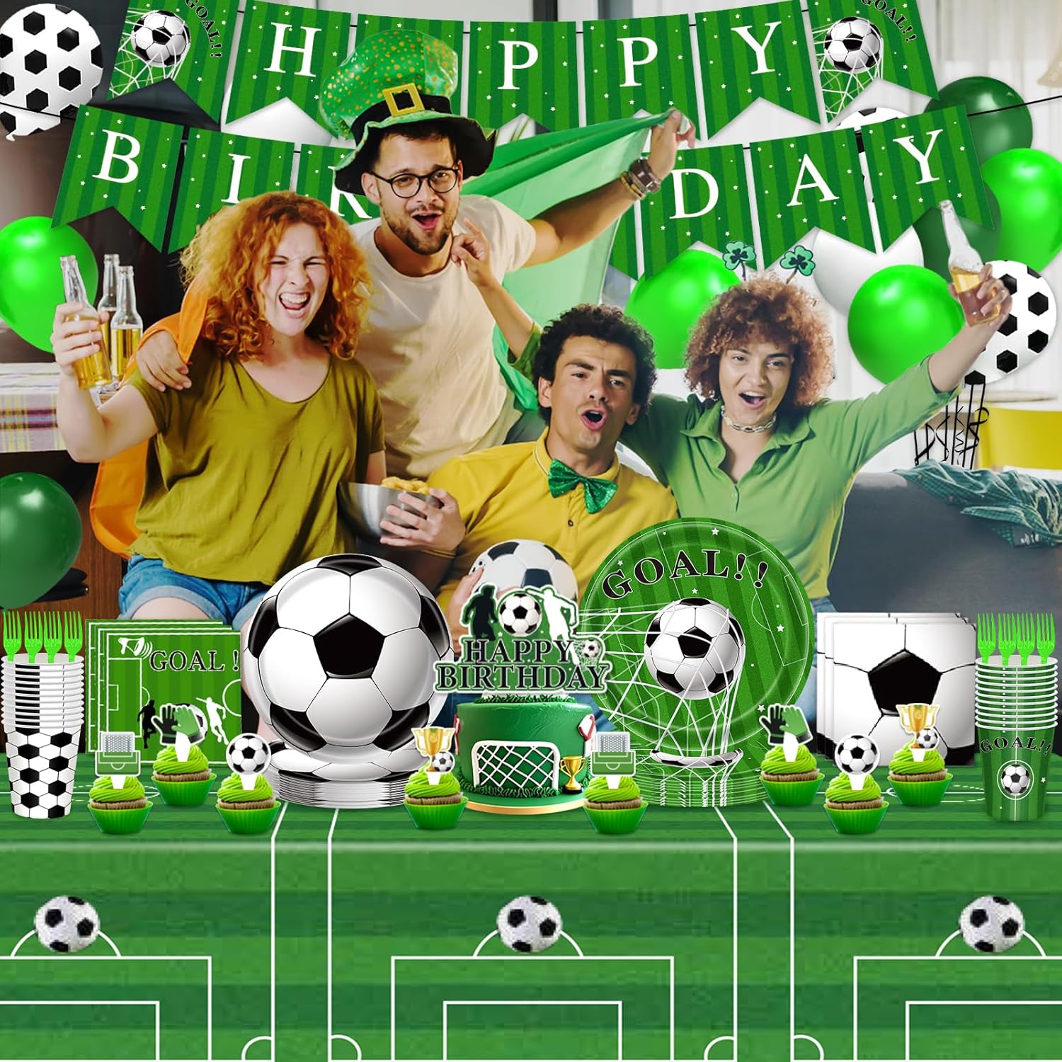 Brand Name Soccer Birthday Party Kit – 143-Piece Coordinated Green White Black Set for Clean Simple Birthday Celebrations