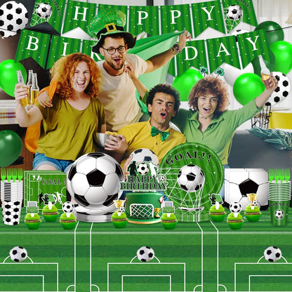 Brand Name Soccer Birthday Party Kit – 143-Piece Coordinated Green White Black Set for Clean Simple Birthday Celebrations