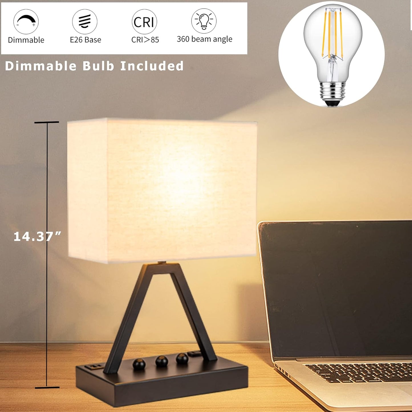 Briever Touch Control Table Lamp – Cozy Bedroom Decor Lamp in Gold Finish with Cream Linen Shade and USB Charging Hub