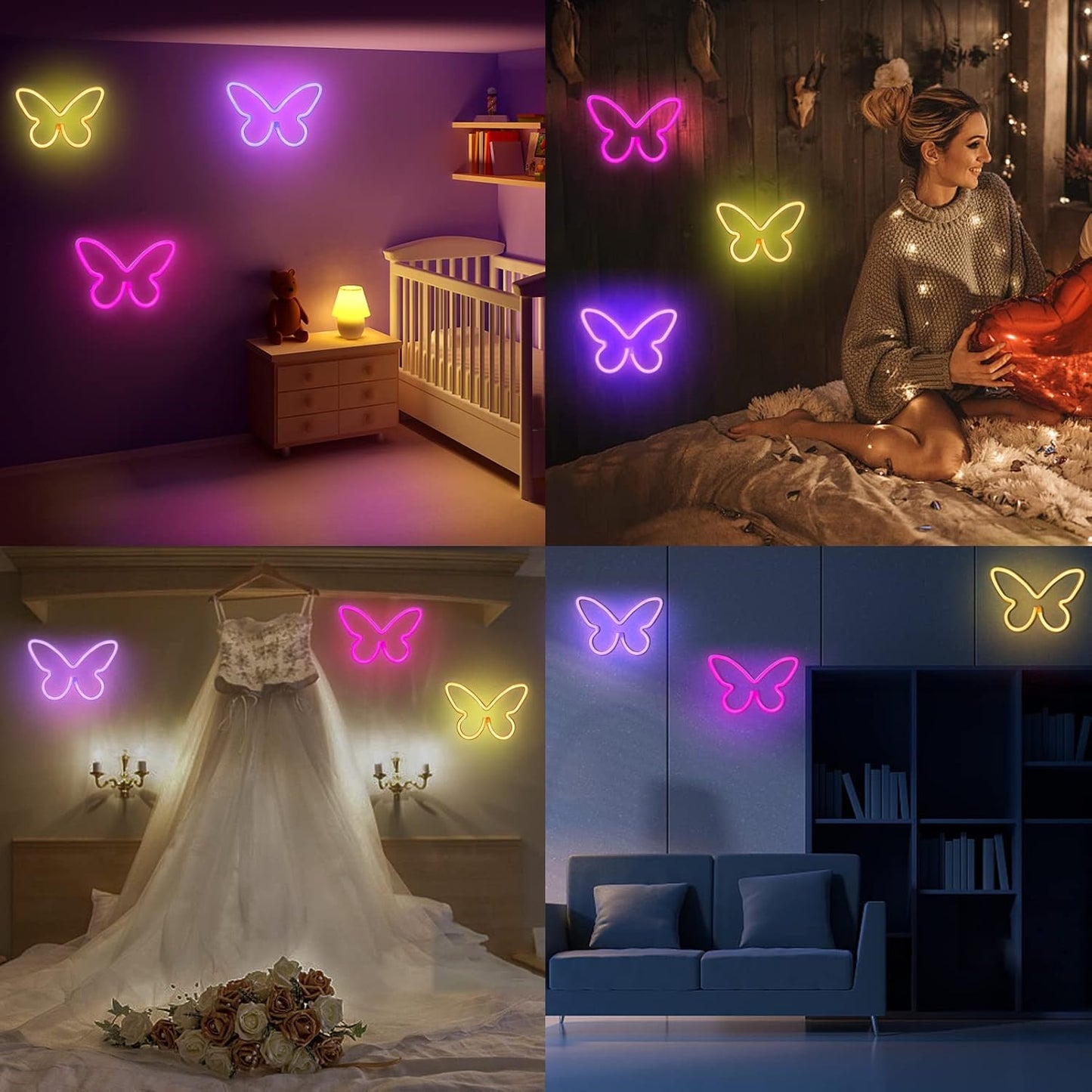 BRIGHTDECK 3-Piece Butterfly LED Neon Lights – Birthday Gift for Girls and Women, Pink Purple Warm White Room Decor for Home