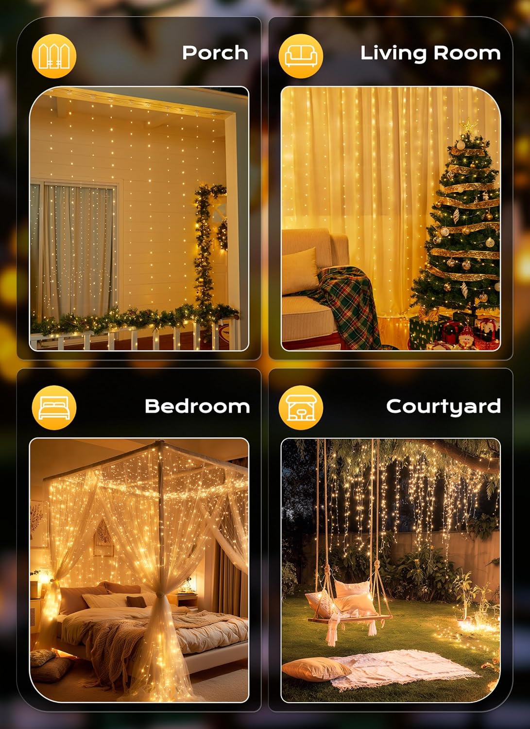 Brightown 300 LED Fairy Curtain Lights IP44 Waterproof, USB Powered Outdoor Patio Canopy and Covered Porch String Curtain with 8 Modes Remote