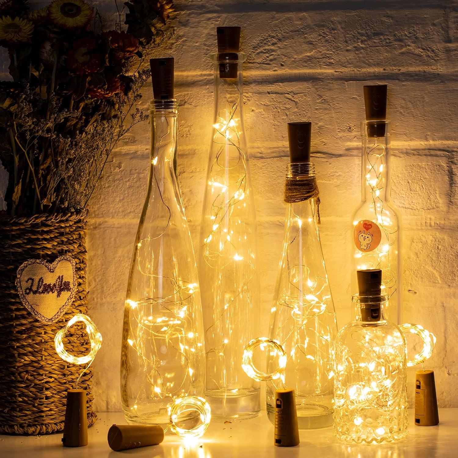 Brightown Slim Cork Bottle Lights – Understated Neutral Décor Glow, Thin Silver Wire LED String for Clutter-Free Spaces