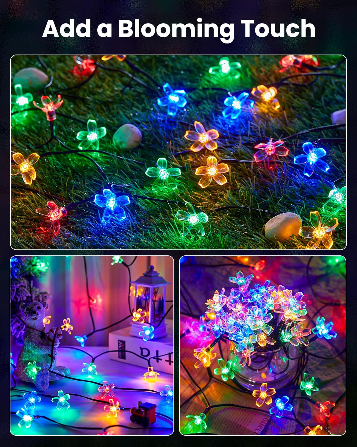 Brightown Solar Cherry Blossom String Lights – Clean White & Warm White Outdoor Lighting, No Wiring Required