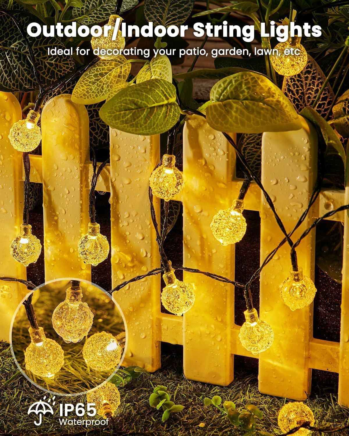 Brightown Solar Globe String Lights – 2700K Warm White Indoor Outdoor Lights for Living Room and Bedroom Aesthetic
