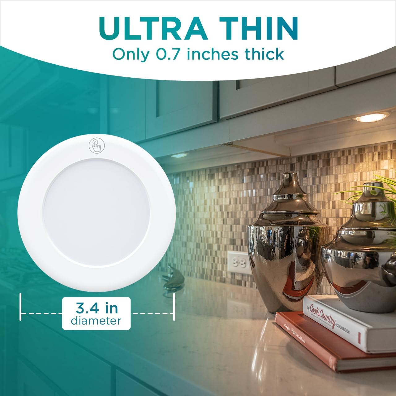 Brilliant Evolution Wireless Touch Puck Lights – Low-Profile Battery Lamps for Minimalist Kitchens and Hallways, Pack of 2