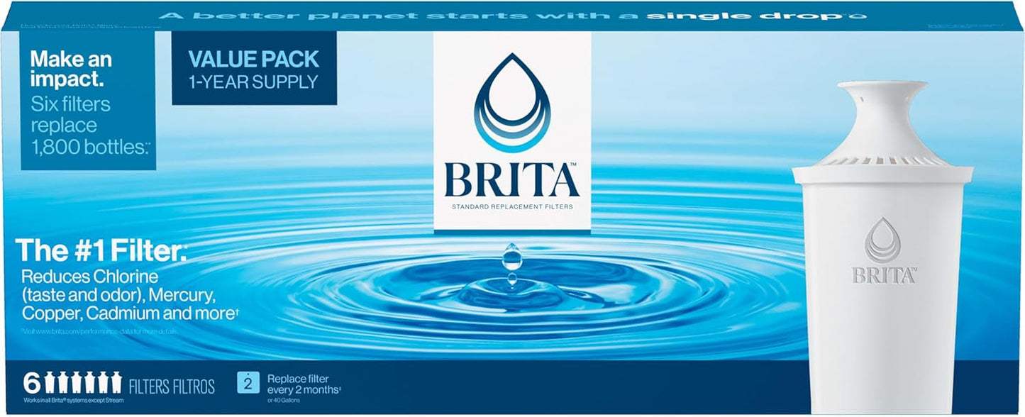 Brita Standard Water Filter 6-Pack – Reusable Pitcher Filters That Replace Up to 1,800 Plastic Bottles a Year