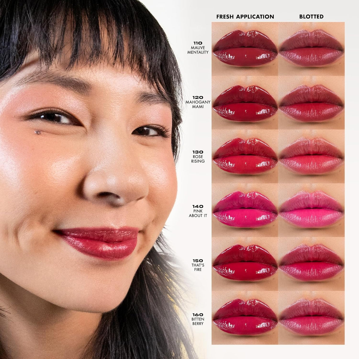 buildable glossy-to-semi-matte finish with medium pink undertone across 6 shades (mauve mentality, mahogany mami, rose rising, pink about it, that's fire, bitten berry)