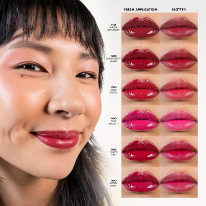 buildable glossy-to-semi-matte finish with medium pink undertone across 6 shades (mauve mentality, mahogany mami, rose rising, pink about it, that's fire, bitten berry)
