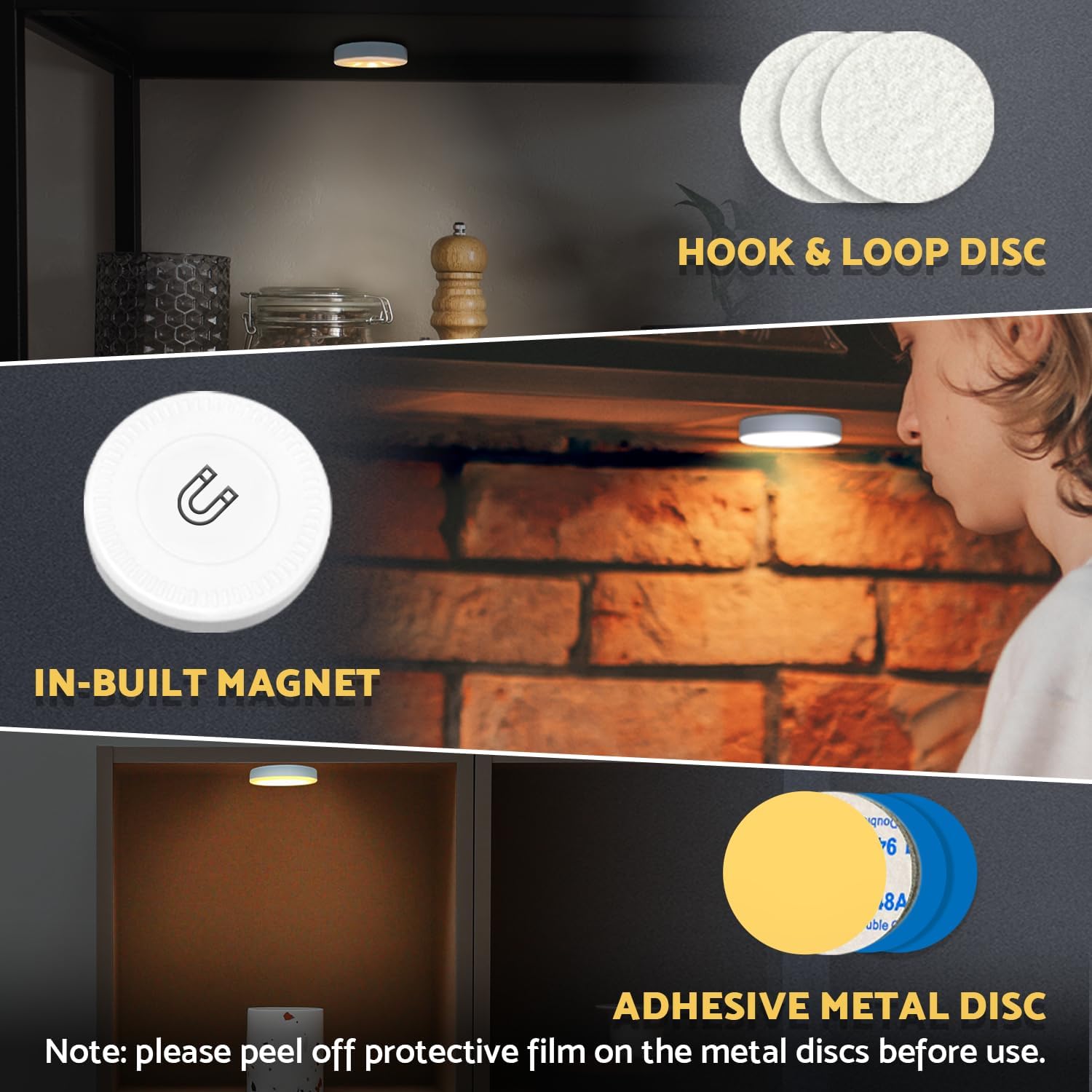built-in strong magnet plus 3 adhesive metal discs and hook-and-loop discs for versatile mounting on metal, wood, glass, or porous surfaces