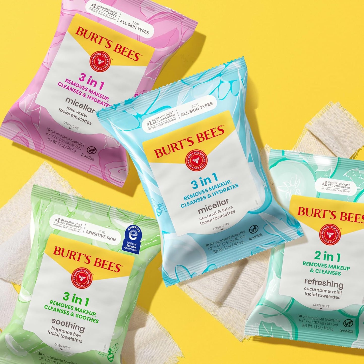 Burt's Bees Micellar Rose Water Facial Towelettes – Nightly Self-Care Ritual for Sensitive Skin, Calming Makeup Remover Cloths