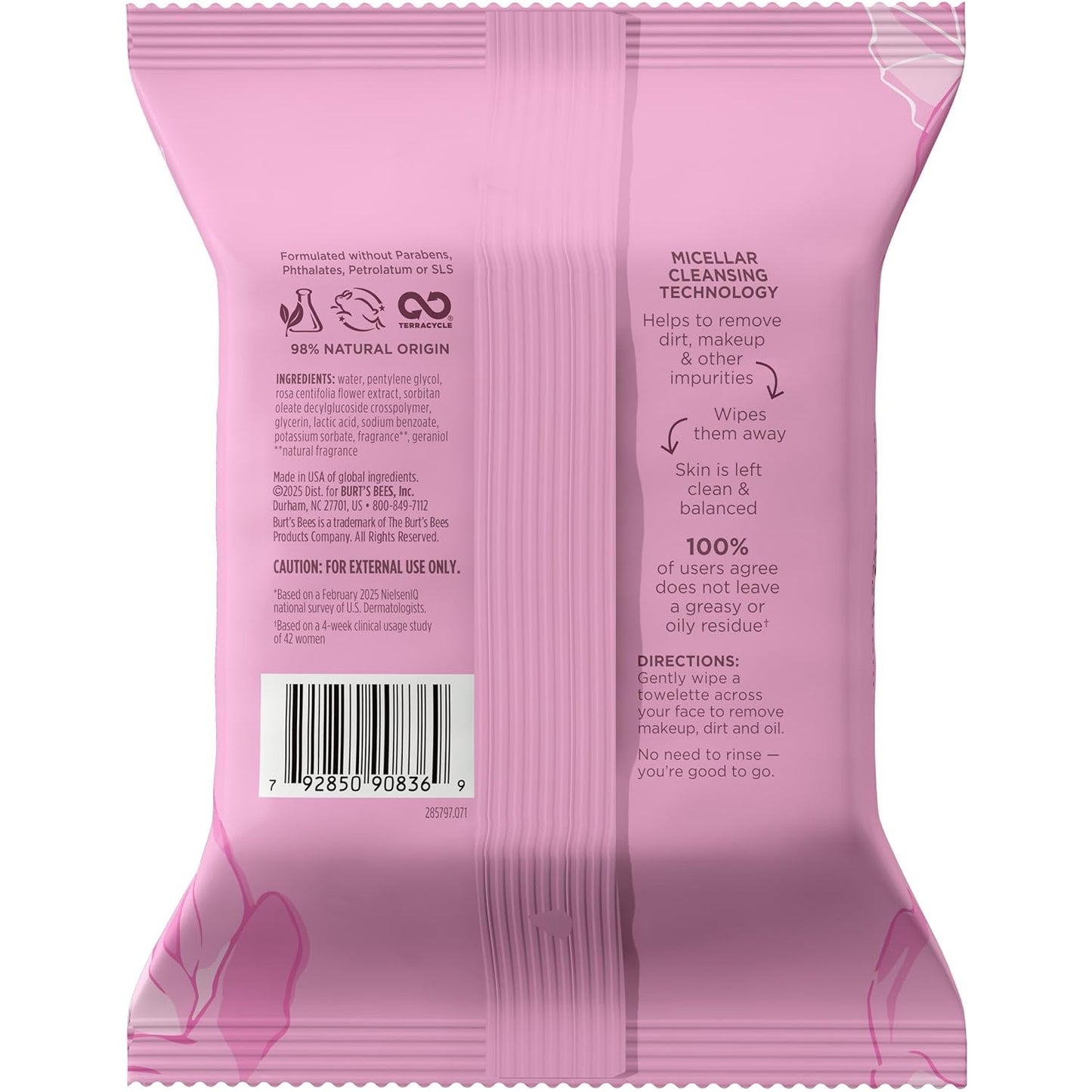 Burt's Bees Micellar Rose Water Facial Towelettes – Nightly Self-Care Ritual for Sensitive Skin, Calming Makeup Remover Cloths