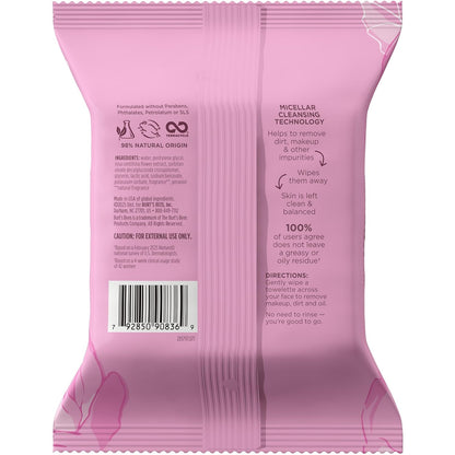 Burt's Bees Micellar Rose Water Facial Towelettes – Nightly Self-Care Ritual for Sensitive Skin, Calming Makeup Remover Cloths