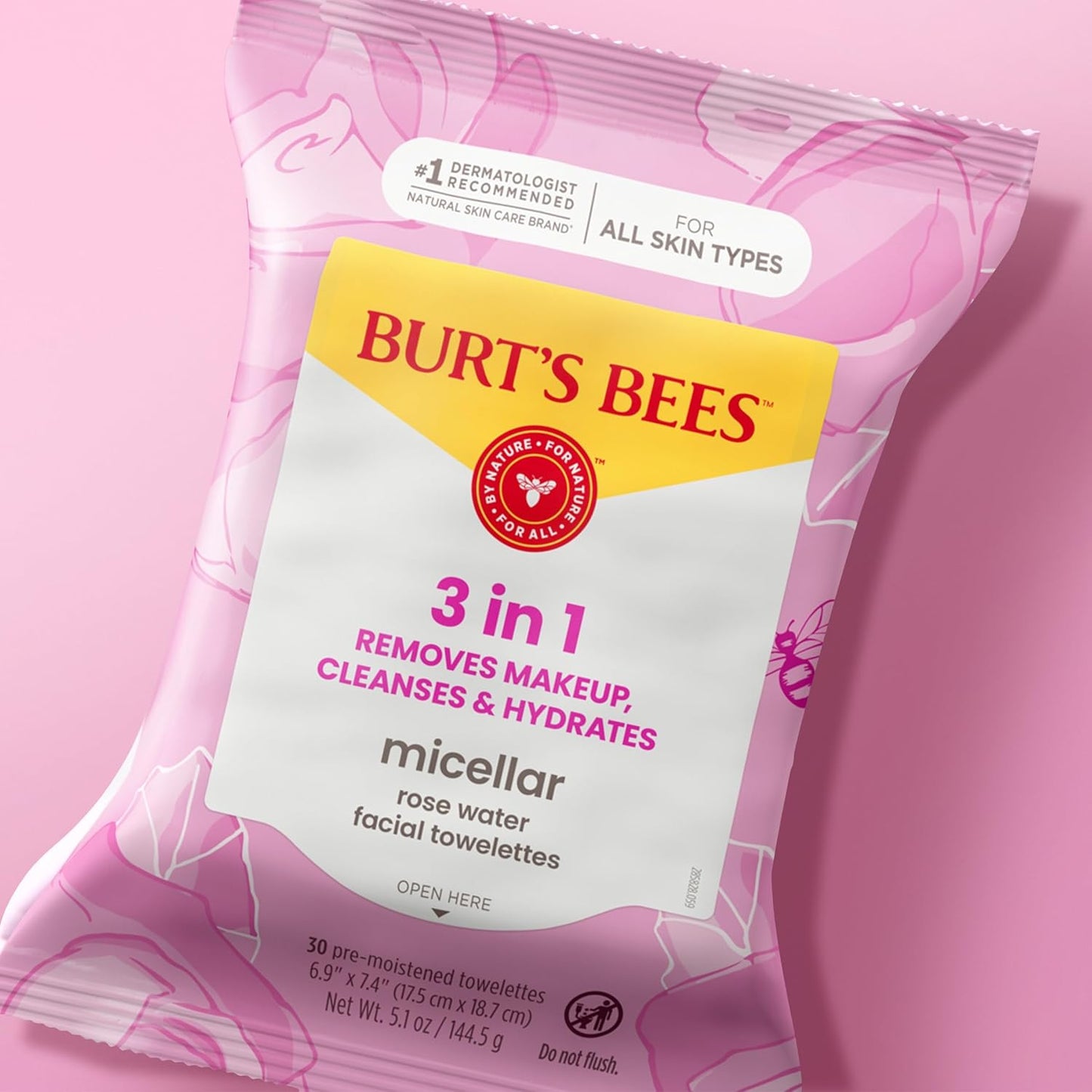 Burt's Bees Micellar Rose Water Facial Towelettes – Nightly Self-Care Ritual for Sensitive Skin, Calming Makeup Remover Cloths