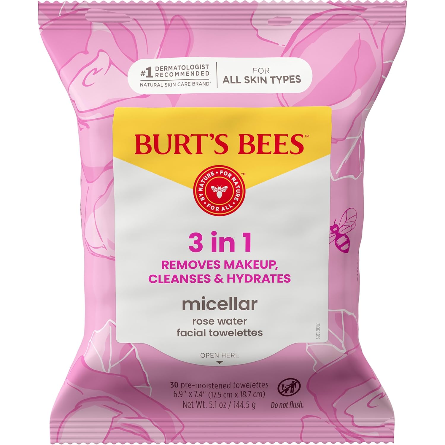 Burt's Bees Micellar Rose Water Towelettes – Streamlined Vanity Essential, One-Step Plant-Based Face Cloths