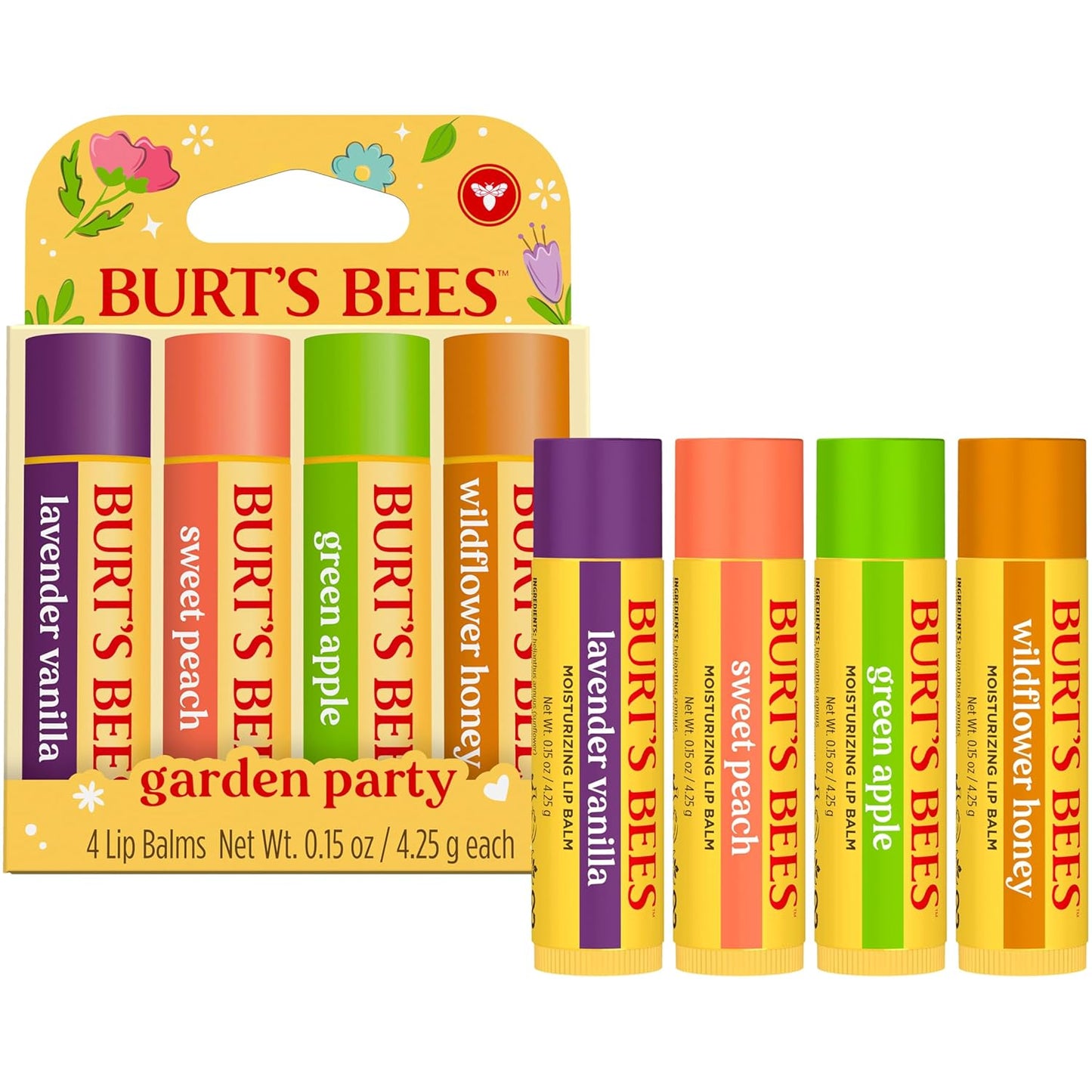 Burt's Bees Moisturizing Lip Balm 4-Pack – Mother's Day Gift for Mom, Themed Lip Care Set with 24-Hour Hydration