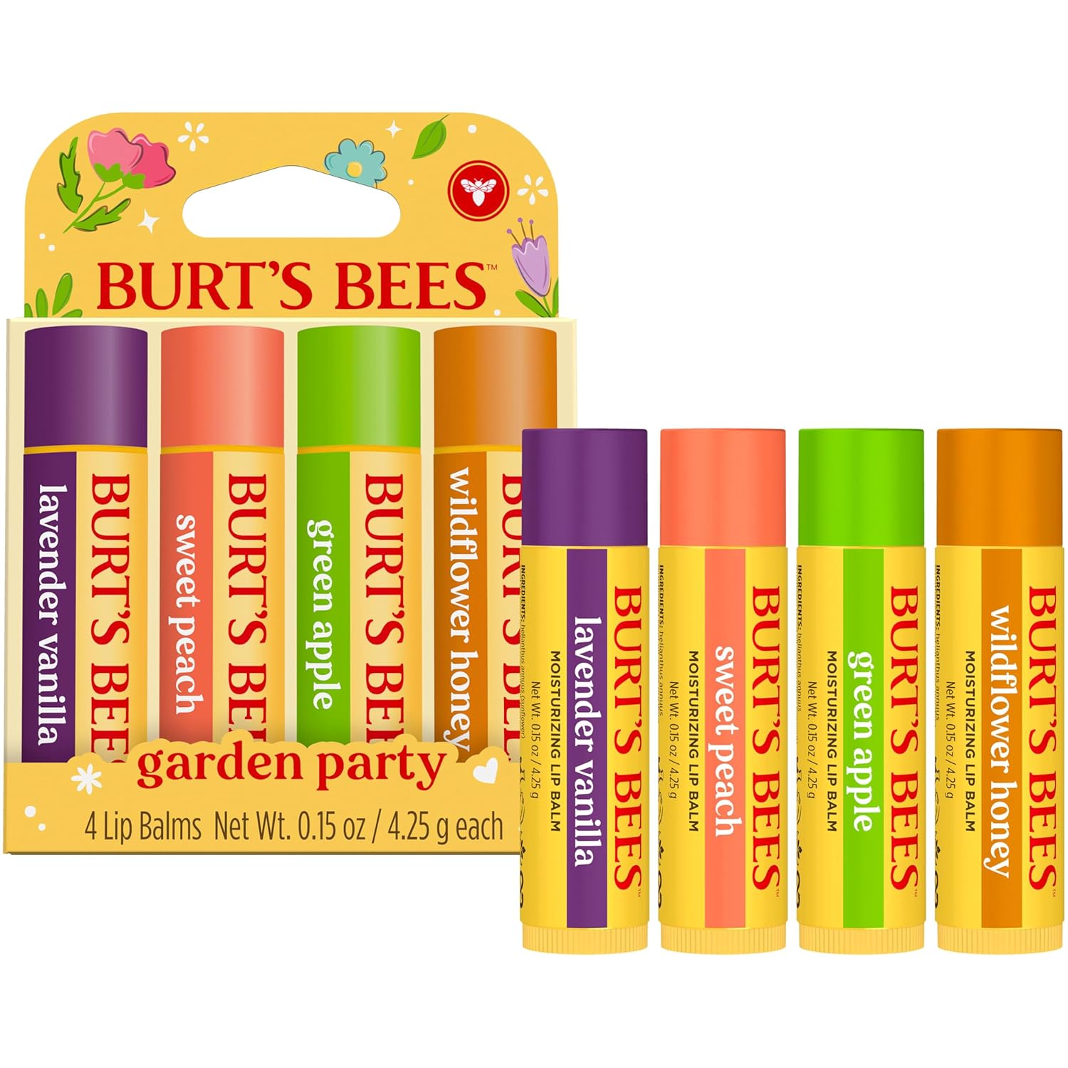 Burt's Bees Moisturizing Lip Balm 4-Pack – Mother's Day Gift for Mom, Themed Lip Care Set with 24-Hour Hydration