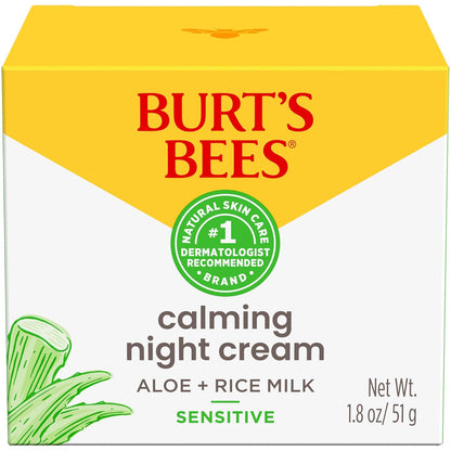 Burt's Bees Sensitive Skin Calming Night Cream – Fragrance-Free Aloe and Rice Milk PM Moisturizer for a Mindful Bedtime Skincare Ritual