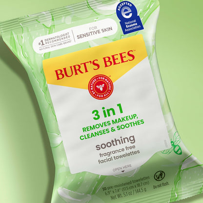 Burt's Bees Sensitive Skin Facial Wipes – Fragrance-Free Aloe Nightly Cleansing Ritual for the Bedside