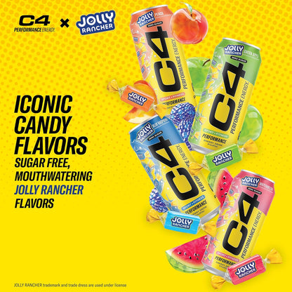 C4 Energy Drink Jolly Rancher Green Apple – Macro-Friendly Fitness Pre-Workout, Zero Sugar Carbonated Energy for Clean Eating Routines
