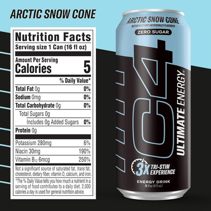 C4 Ultimate Sugar Free Energy Drink for Late Night Study Sessions and Deep Coding Focus, 16oz Cans Pack of 12