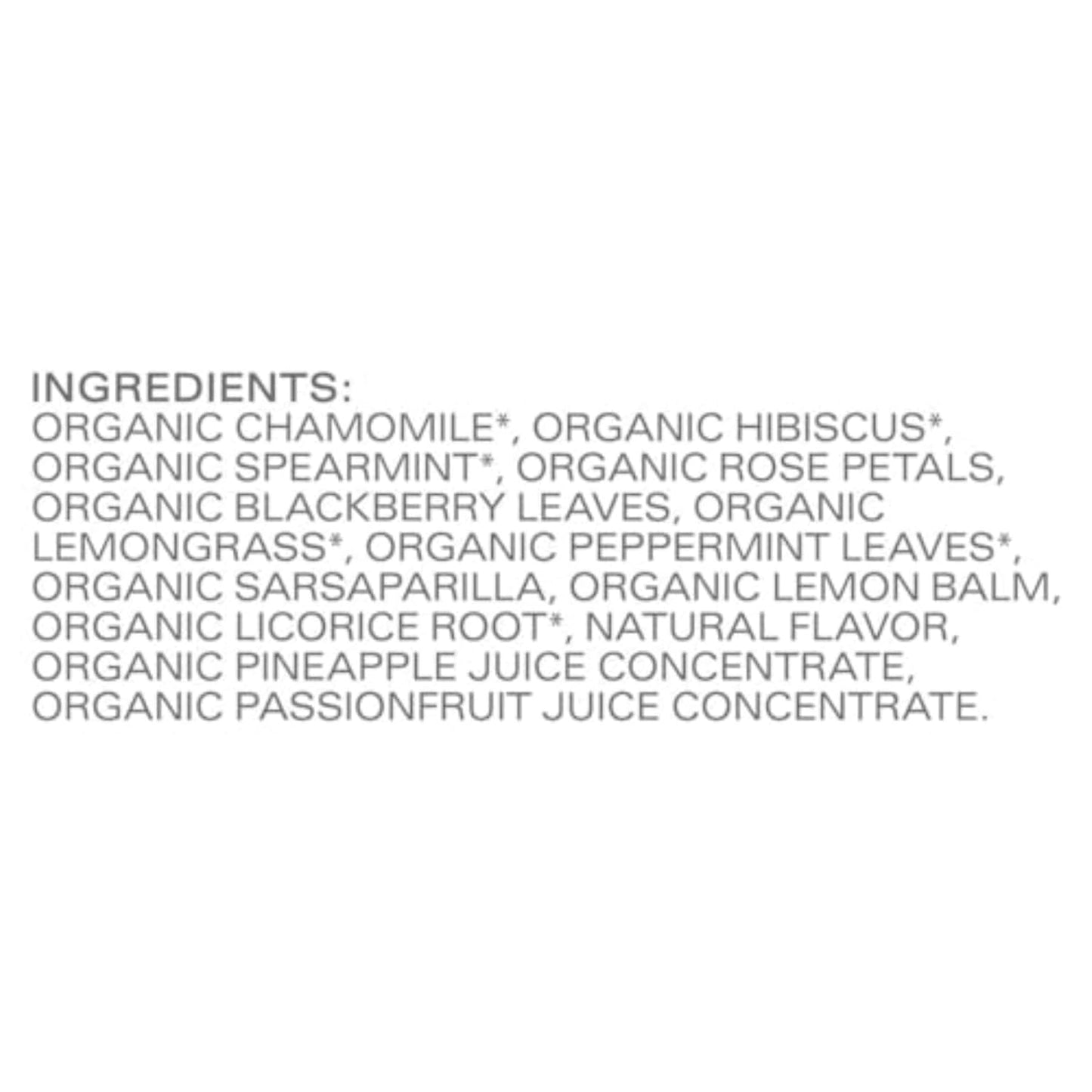caffeine-free herbal blend with chamomile, hibiscus, spearmint, rose petals, lemongrass, blackberry leaves, and peppermint