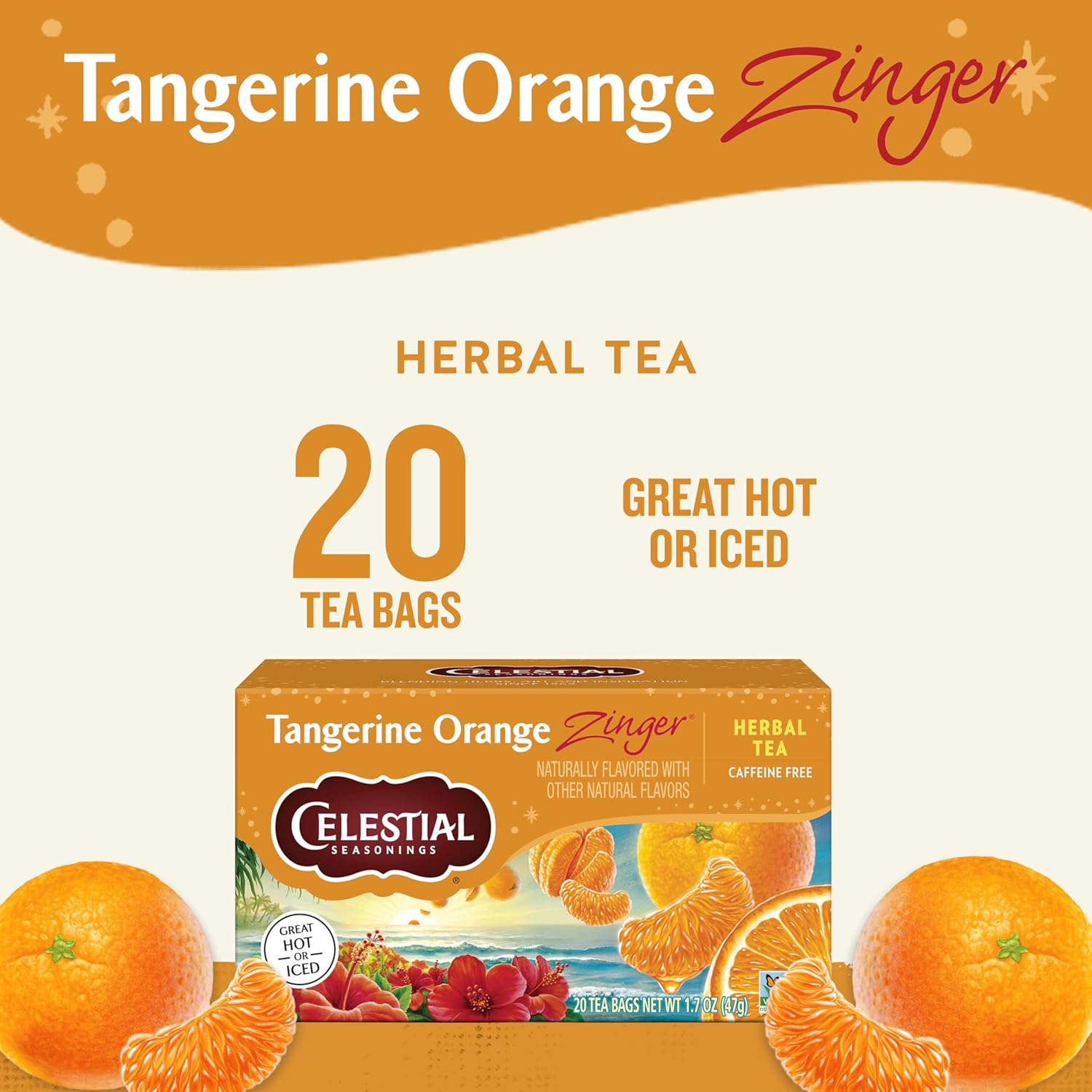 caffeine-free herbal blend with hibiscus, rosehips, blackberry leaves, orange peel, natural tangerine flavor, and hawthorn
