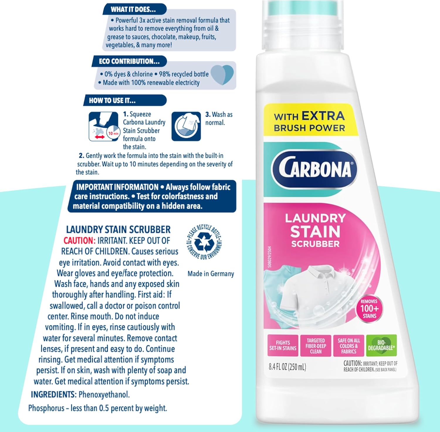 Carbona Laundry Stain Scrubber & Remover – Nursery and Playroom Baby Stain Pre-Treat for Onesies, Bibs, and Toddler Clothes