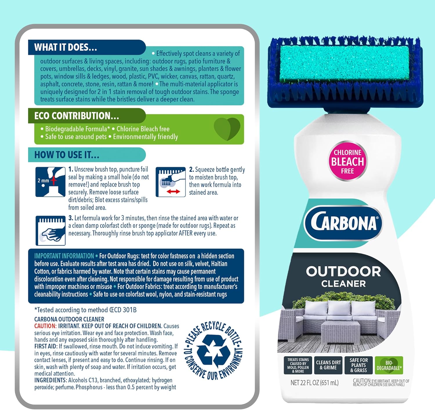 Carbona Oxy Powered Outdoor Cleaner with Built-In Brush (22 Fl Oz) – Portable Patio & Camping Spot Cleaner, Multi-Surface Foam Spray