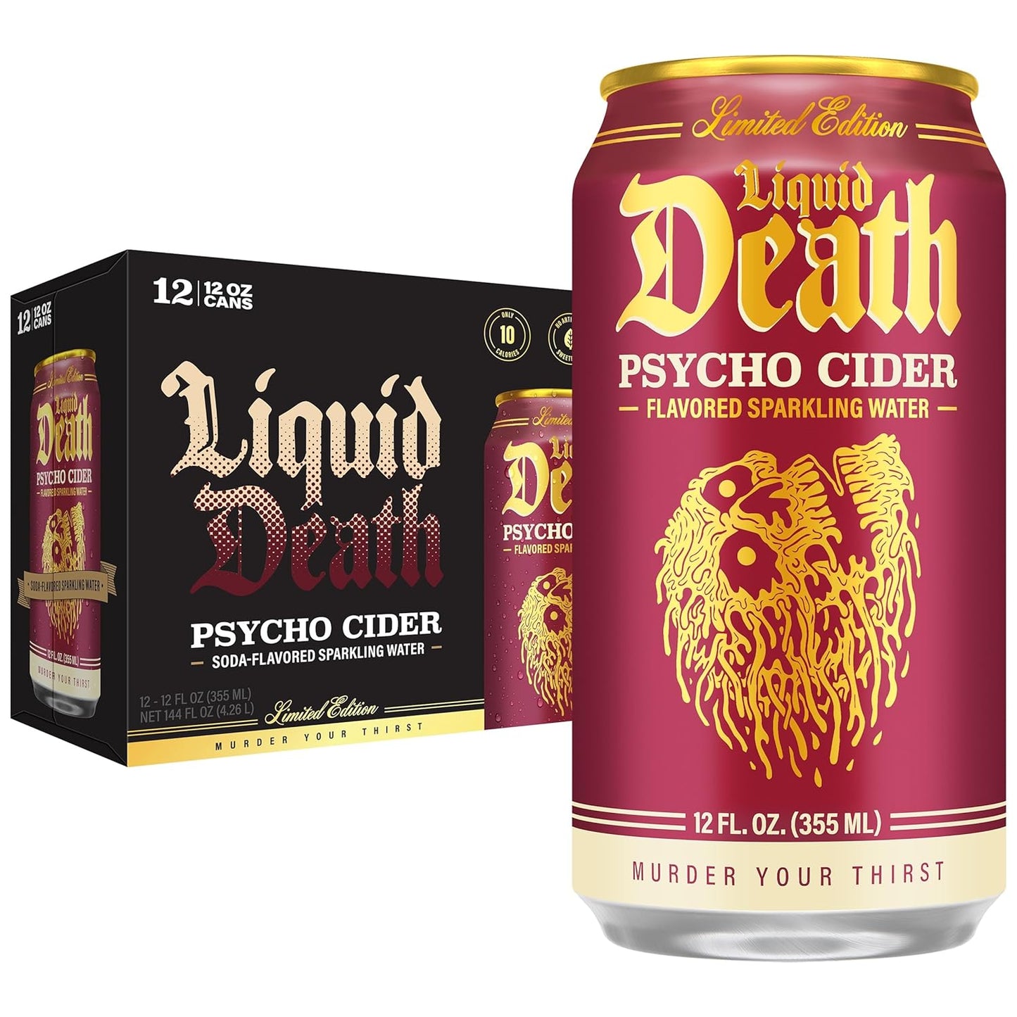 carbonated water base with natural fruit/cinnamon flavor profiles across 7+ flavor variants (mountain water, berry it alive, mango chainsaw, severed lime, convicted melon, cereal criminal, psycho cider)