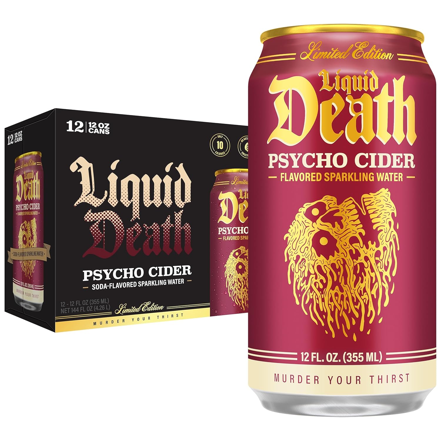 carbonated water base with natural fruit/cinnamon flavor profiles across 7+ flavor variants (mountain water, berry it alive, mango chainsaw, severed lime, convicted melon, cereal criminal, psycho cider)