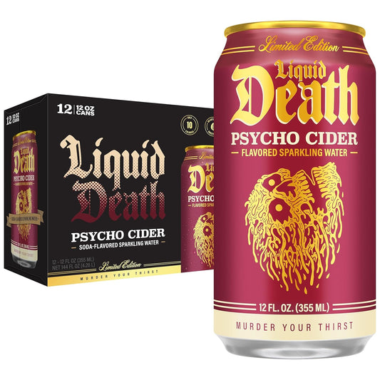 carbonated water base with natural fruit/cinnamon flavor profiles across 7+ flavor variants (mountain water, berry it alive, mango chainsaw, severed lime, convicted melon, cereal criminal, psycho cider)
