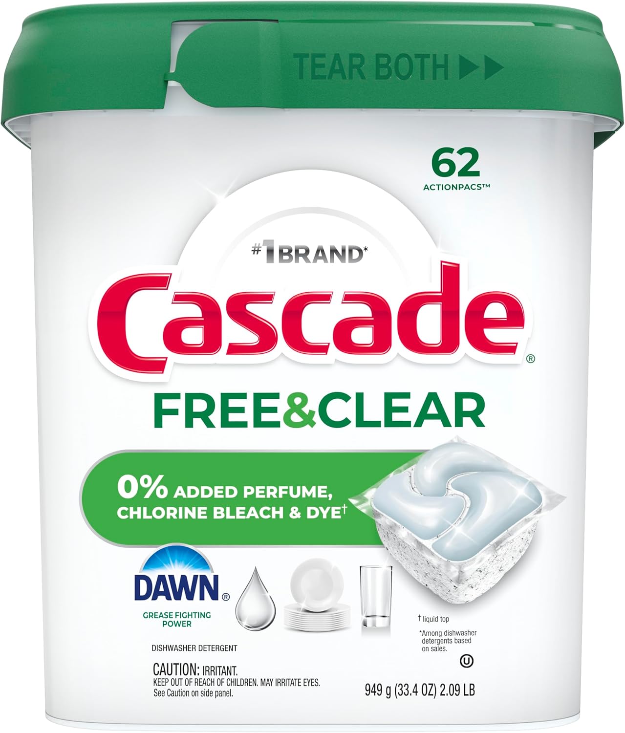 Cascade Free & Clear Dishwasher Pods – Family-Safe Dishwashing, No Dyes No Chlorine 62ct