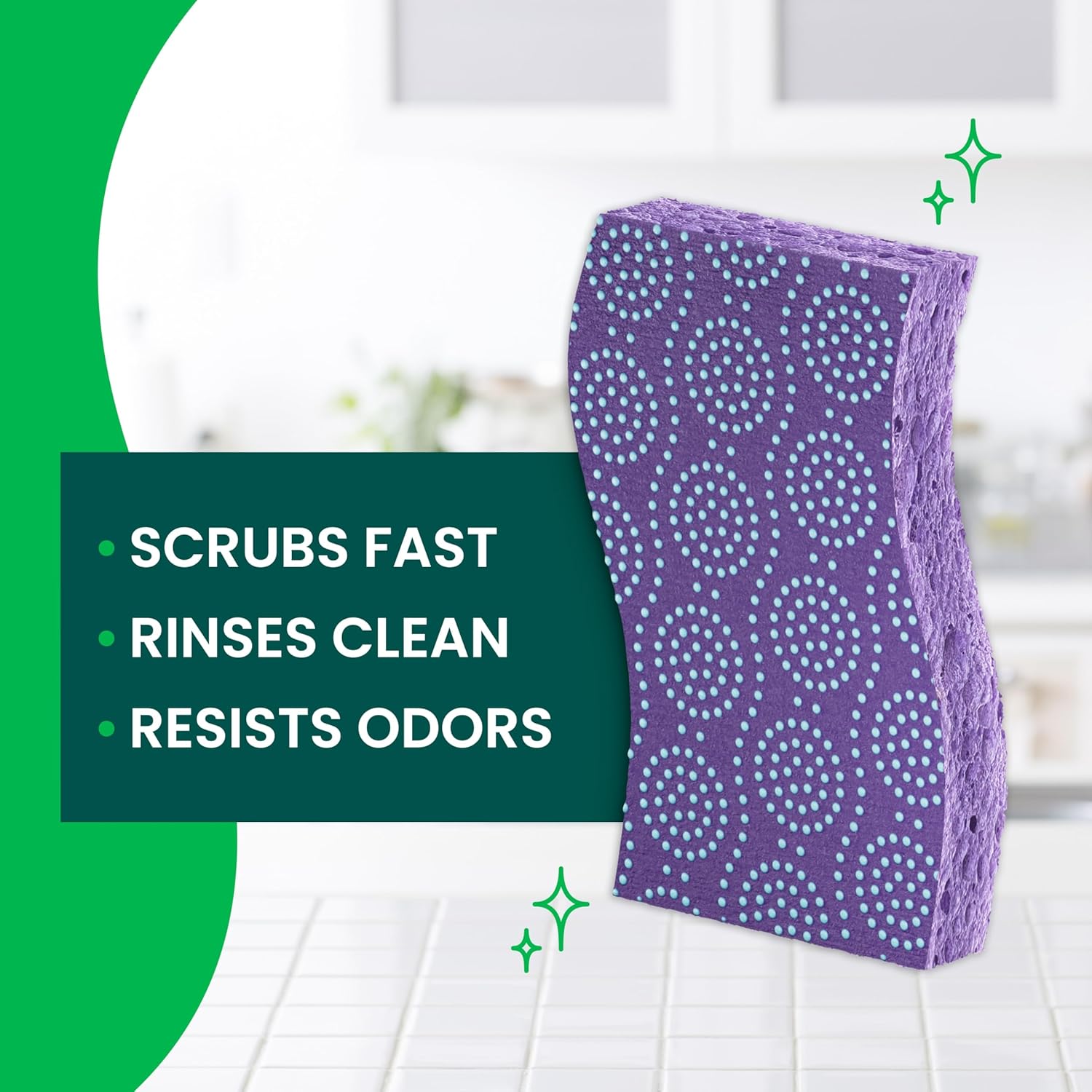 cellulose sponge body with open-pore construction that rinses free of food residue (eggs, cheese, grease)