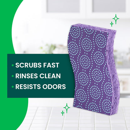 cellulose sponge body with open-pore construction that rinses free of food residue (eggs, cheese, grease)